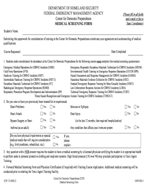 Medical Screening Form for CBRNE Training
