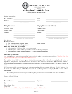 BOC Mailing/Email List Order Form