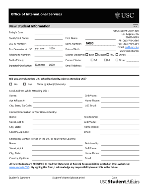USC New Student Information Form