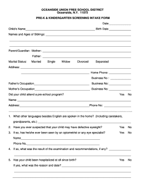 Pre-K and Kindergarten Screening Intake Form