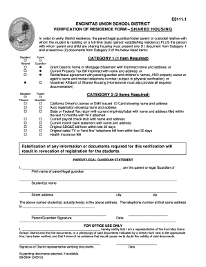 Encinitas Union School District Verification of Residence Form