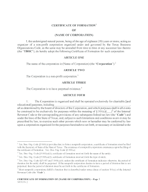 Texas Nonprofit Corporation Certificate of Formation
