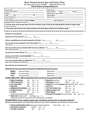 Feline Anesthetic and Surgical Release Form