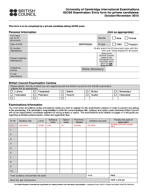 IGCSE Examination Entry Form for Private Candidates
