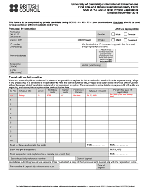 University of Cambridge GCE Examination Entry Form
