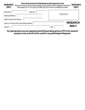 Tissue Procurement Facility Research Specimen Card