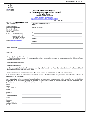 Bentham Science Publishers Covering Letter