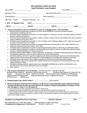 Adult Psychiatric Acute Hospital Re-Certification of Need