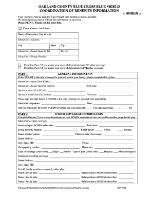 Blue Cross Blue Shield Coordination of Benefits Form