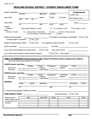 Richland School District Student Enrollment Form