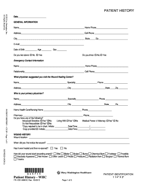 Patient History Form for Wound Healing Center