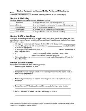 Student Worksheet for Hip, Pelvis, and Thigh Injuries