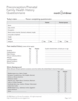 Preconception Prenatal Family Health History Questionnaire