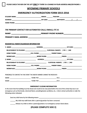 Wyoming Primary Schools Emergency Authorization Form