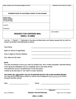 California Small Claims Certified Mail Request
