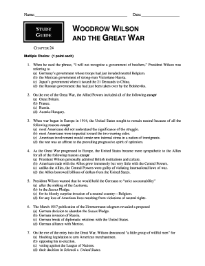 Study Guide on Woodrow Wilson and the Great War