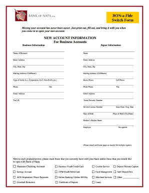 Bank of Napa Business Account Switch Form