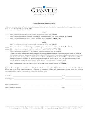 Acknowledgement of School Policies