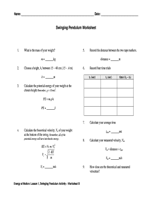Swinging Pendulum Worksheet