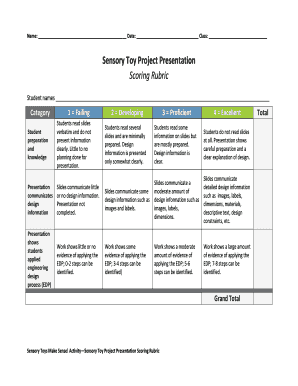 Sensory Toy Project Presentation Scoring Rubric