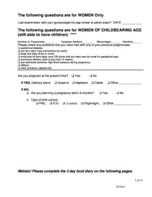 Women's Health Pregnancy and Food Diary Form