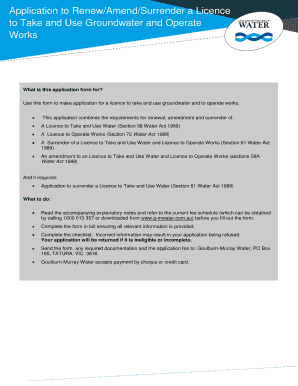 Application to Renew/Amend/Surrender a Licence to Take and Use Groundwater and Operate Works