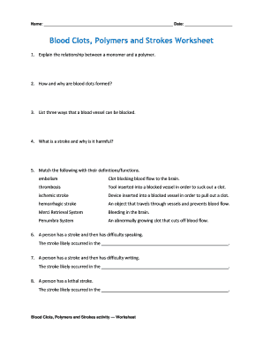 Blood Clots, Polymers and Strokes Worksheet