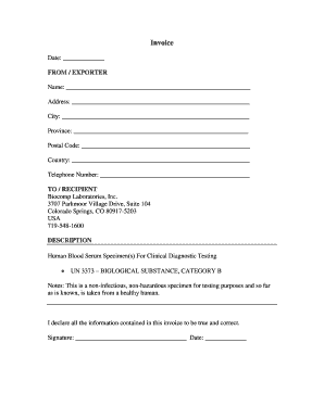 Invoice for Human Blood Serum Specimen