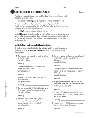 Definition and Example Clues Worksheet