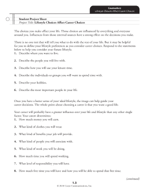 Student Project Sheet: Lifestyle Choices Affect Career Choices