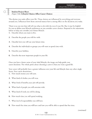 Student Project Sheet: Lifestyle Choices Affect Career Choices