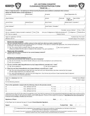 AFL Victoria Country Player Registration Form