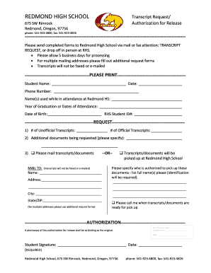 REDMOND HIGH SCHOOL Transcript Request Release - rhs redmond k12 or