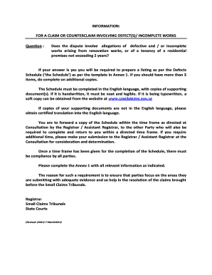 Small Claims Tribunal Defects Schedule