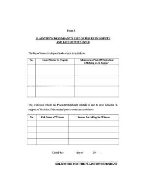 Plaintiff's/Defendant's List of Issues in Dispute and Witnesses