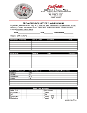Pre-Admission History and Physical Form