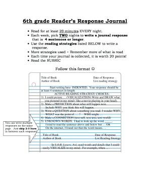 6th Grade Reader’s Response Journal