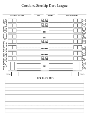 Cortland Steeltip Dart League Scorecard