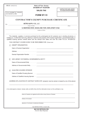 New Jersey Contractor's Exempt Purchase Certificate