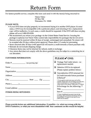 Vision Video Return Form
