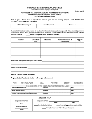 Substitute Teacher Request Form