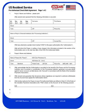 US Resident Service Pre-Authorized Check/Debit Agreement
