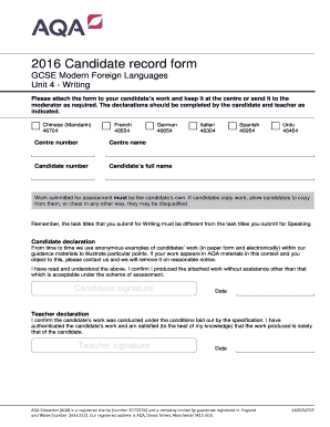 GCSE Modern Foreign Languages Writing Candidate Record Form