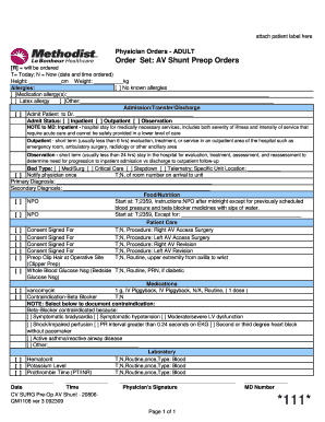 Adult AV Shunt Preop Orders