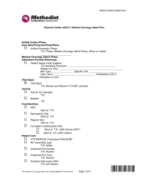 Medical Oncology Admit Plan