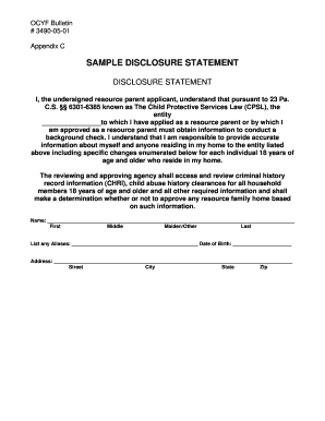 Pennsylvania Resource Parent Disclosure Statement