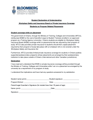 Student Declaration of Understanding for WSIB Coverage