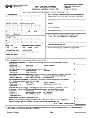 Blue Cross Blue Shield of Delaware Customer Claim Form