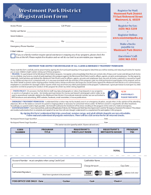 Westmont Park District Registration and Waiver Form