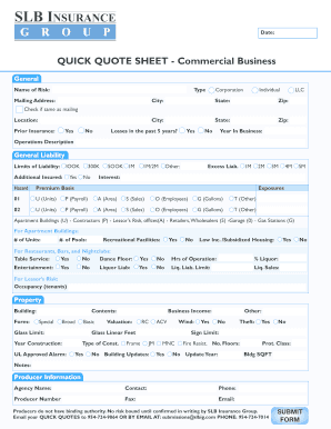 Commercial Business Quick Quote Sheet